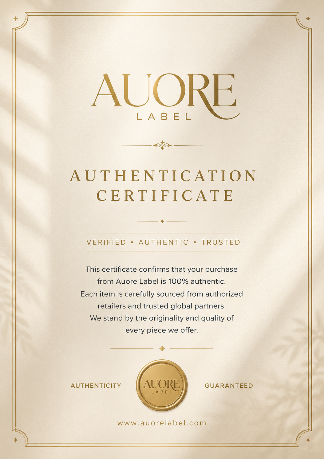 AUORE LABEL Authenticity Certificate