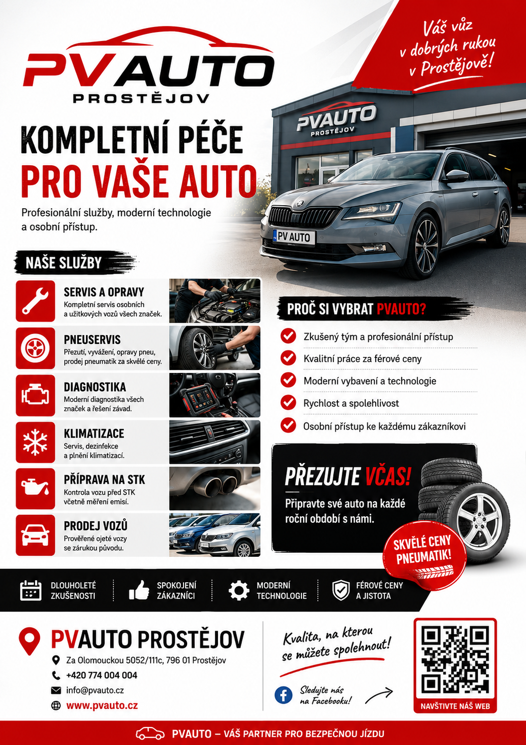 Leták autoservisu PVAuto Prostějov — kompletní péče pro vaše auto
