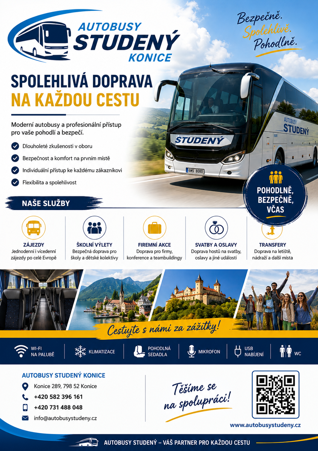 Leták autobusové dopravy Studený Konice — spolehlivá doprava na každou cestu