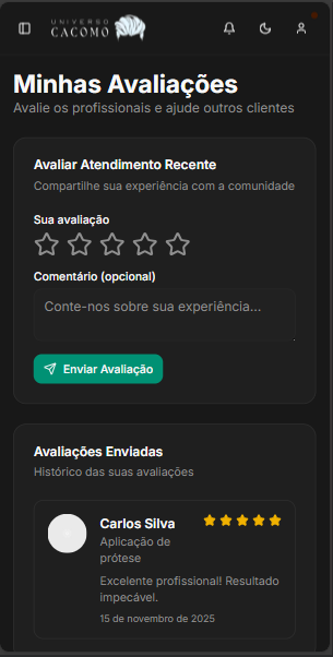Universo Cacomo Mobile - Sistema de avaliacoes com rating e historico
