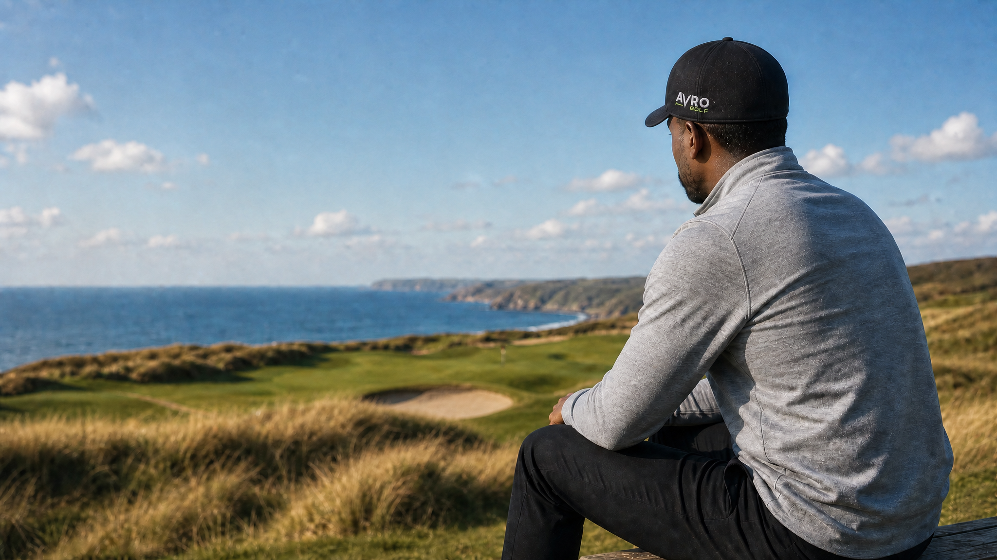 Golfer in an AVRO Golf cap sitting above a coastal links course