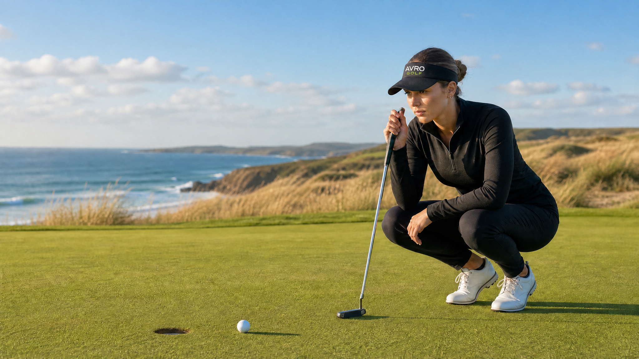 Golfer lining up a putt on a coastal course wearing an AVRO Golf visor