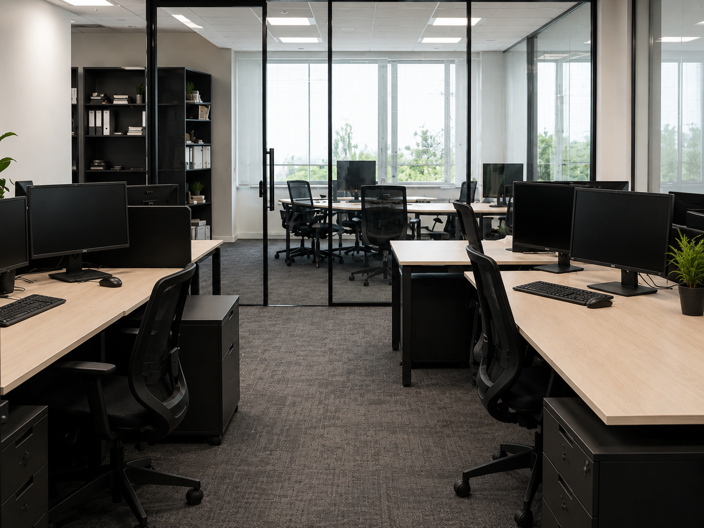 Sauberes, helles Büro mit organisierten Arbeitsplätzen