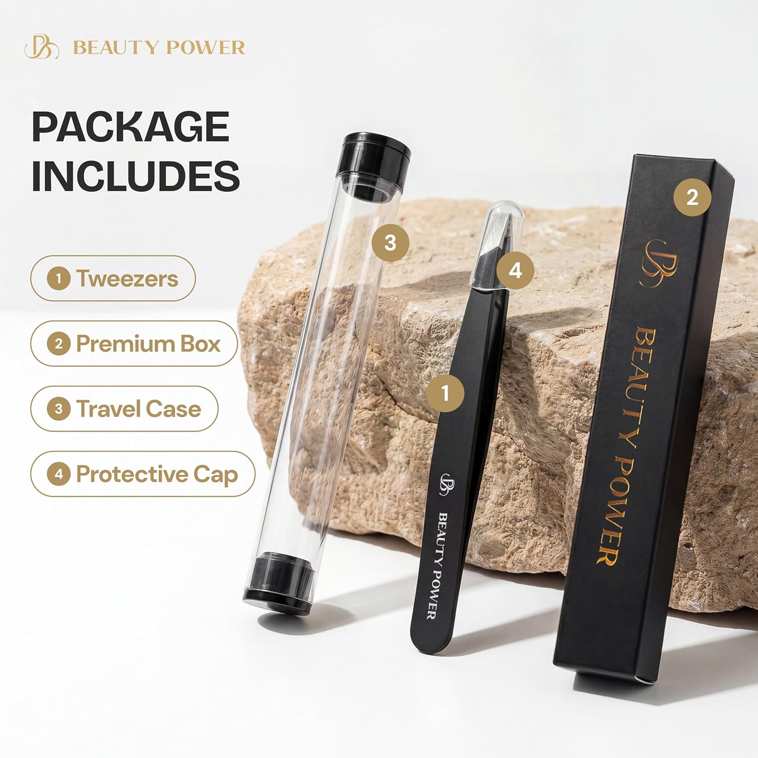 Package Includes — Tweezers, Premium Box, Travel Case, Protective Cap