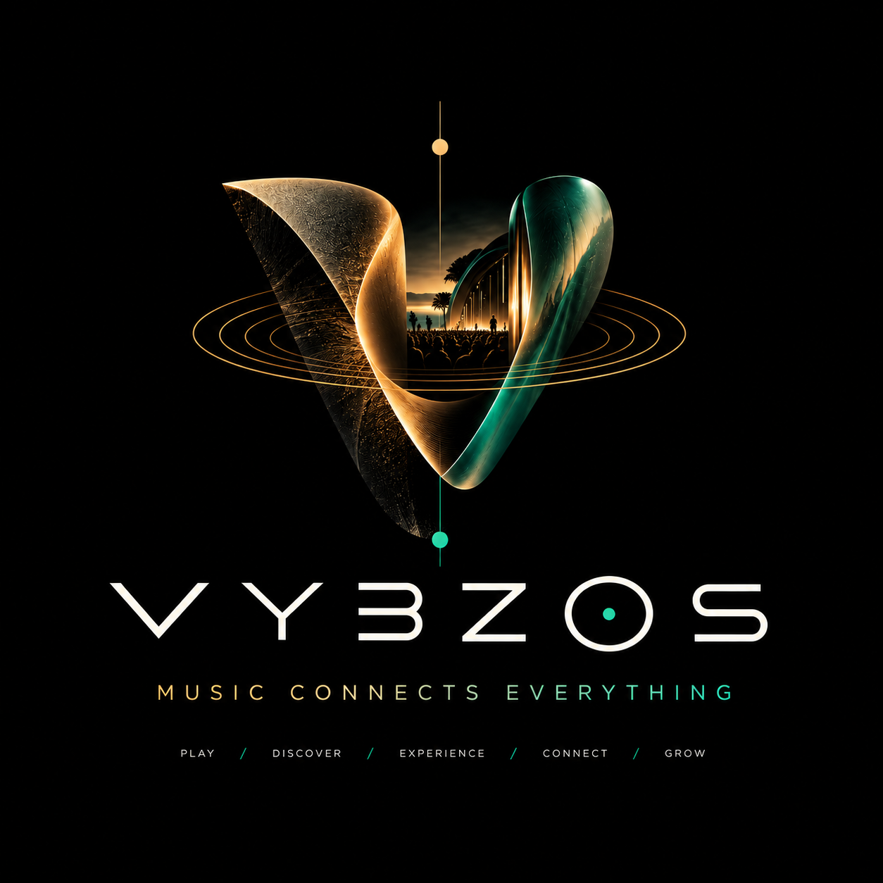 VybzOS logo: a luminous V-shaped signal with orbital rings and the words Music Connects Everything