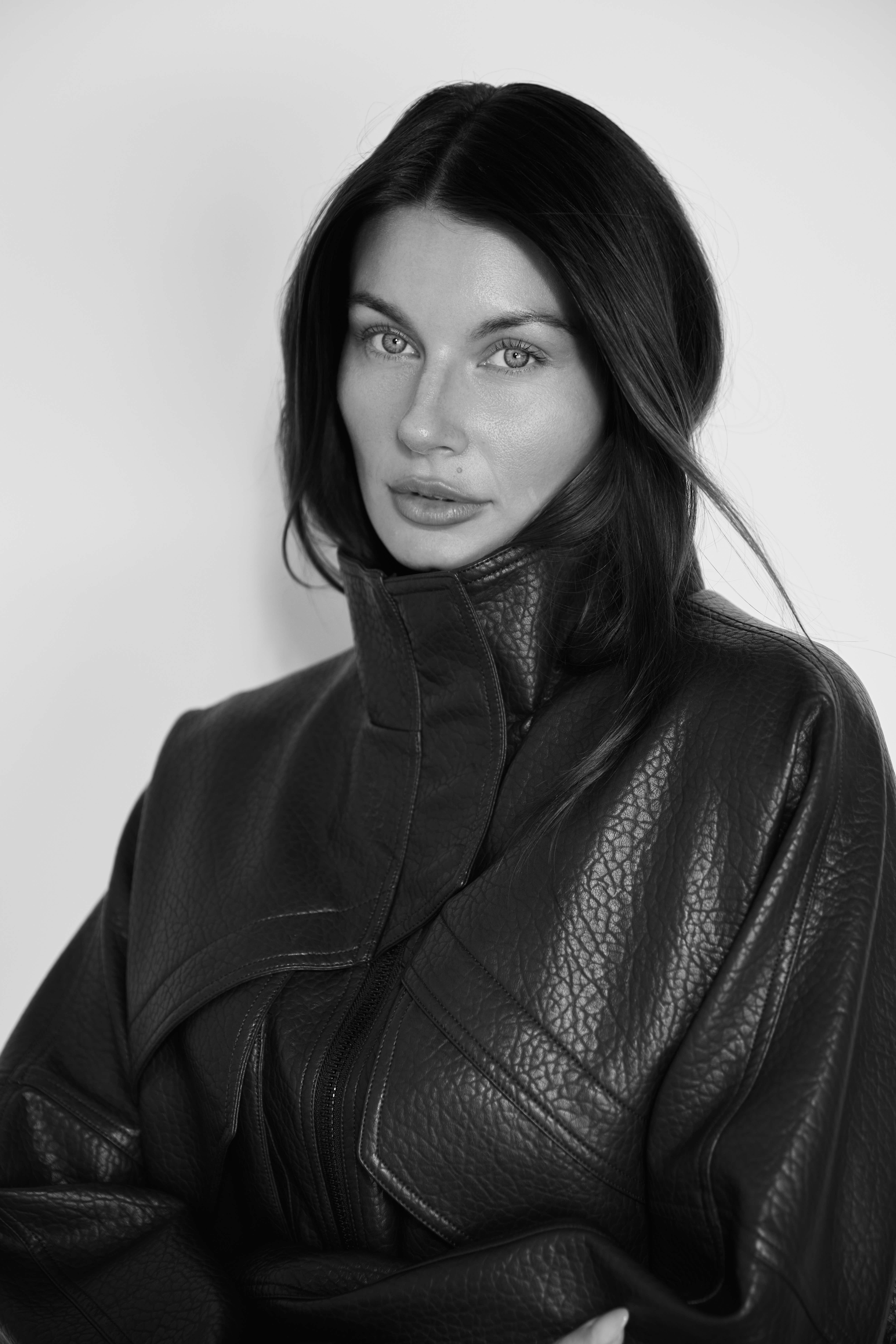 BB leather jacket close-up black and white