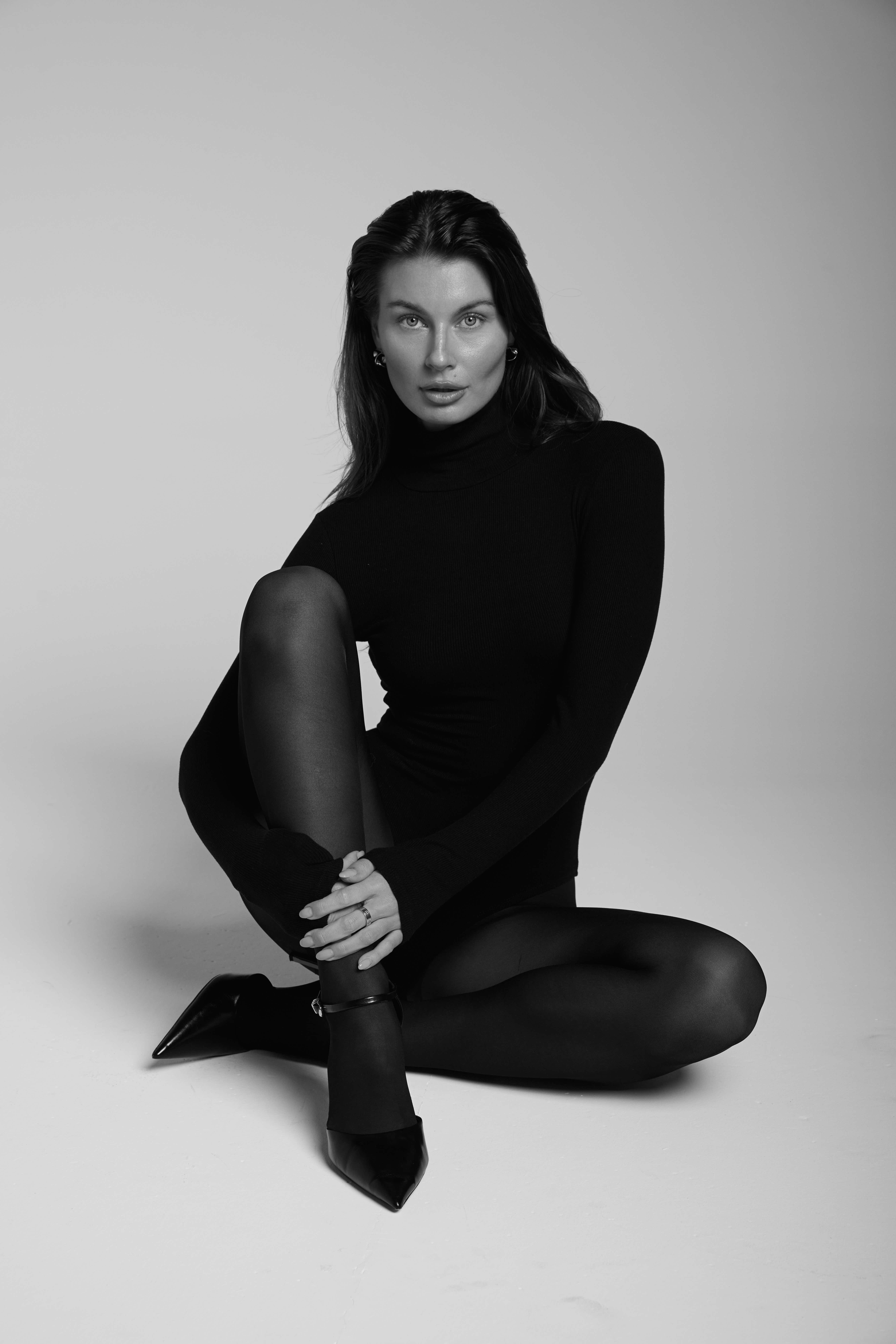 BB black and white seated portrait