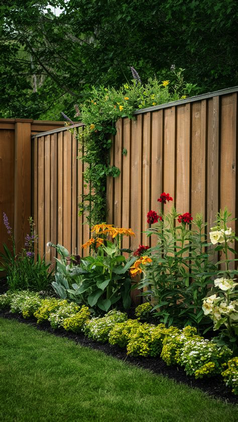 Wood privacy fence with perennials and vines along the base