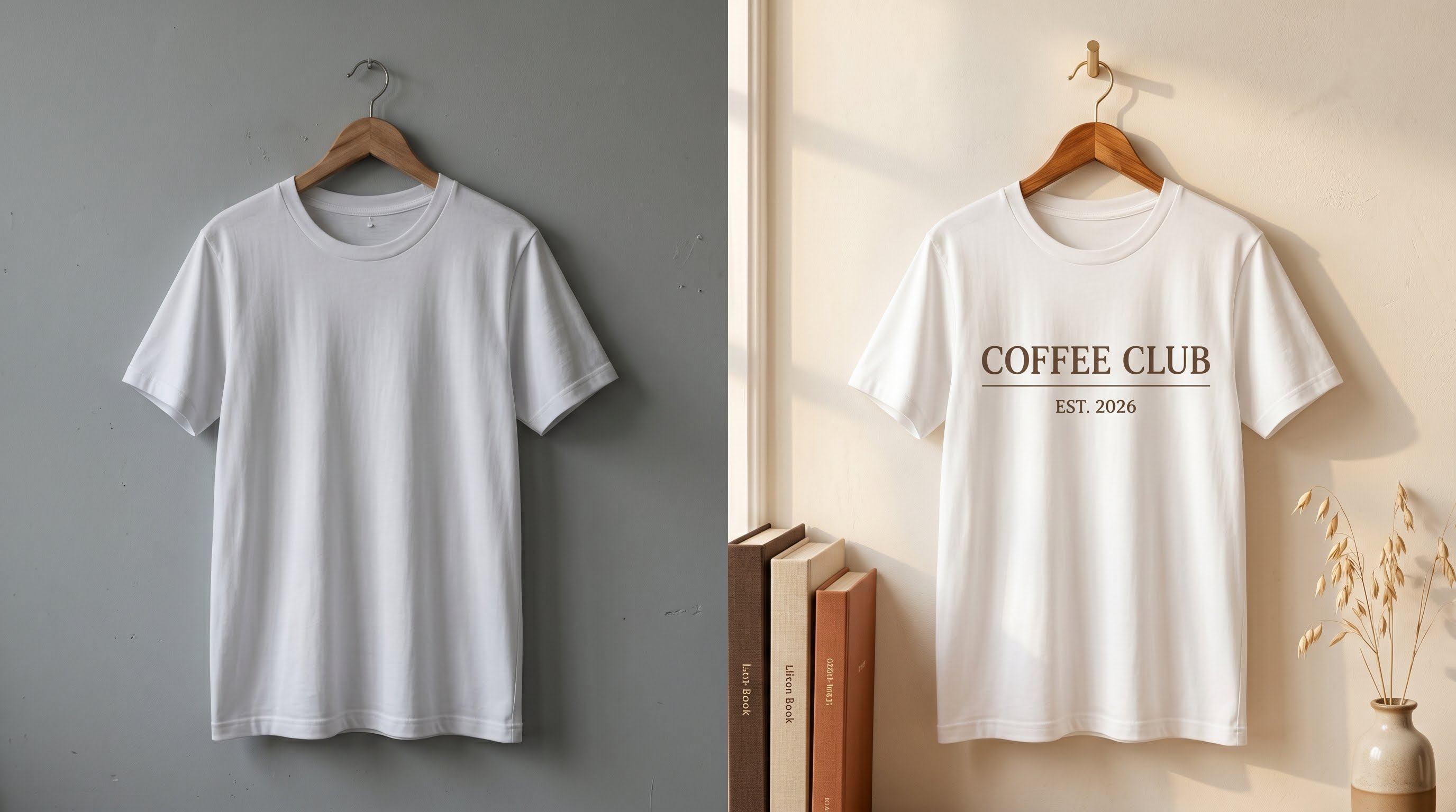 Before and after comparison - blank t-shirt mockup transformed into a professional listing image with Coffee Club design