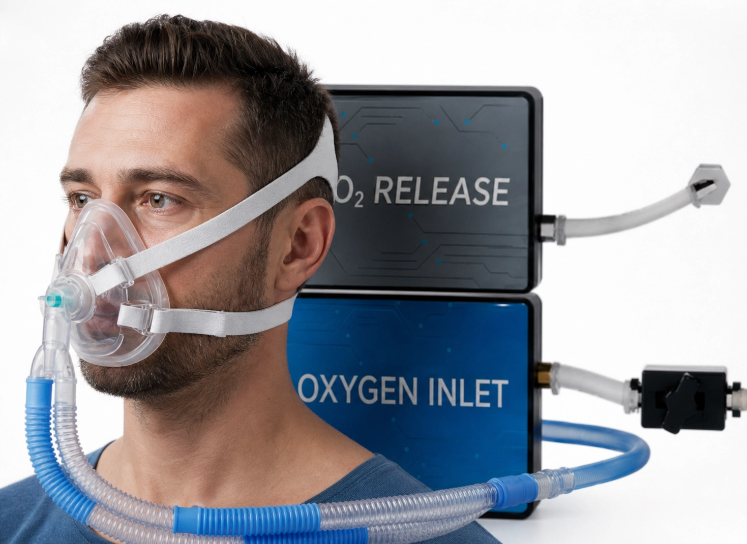 Man wearing a lightweight BIBS oxygen mask connected to CO2 Release and Oxygen Inlet units