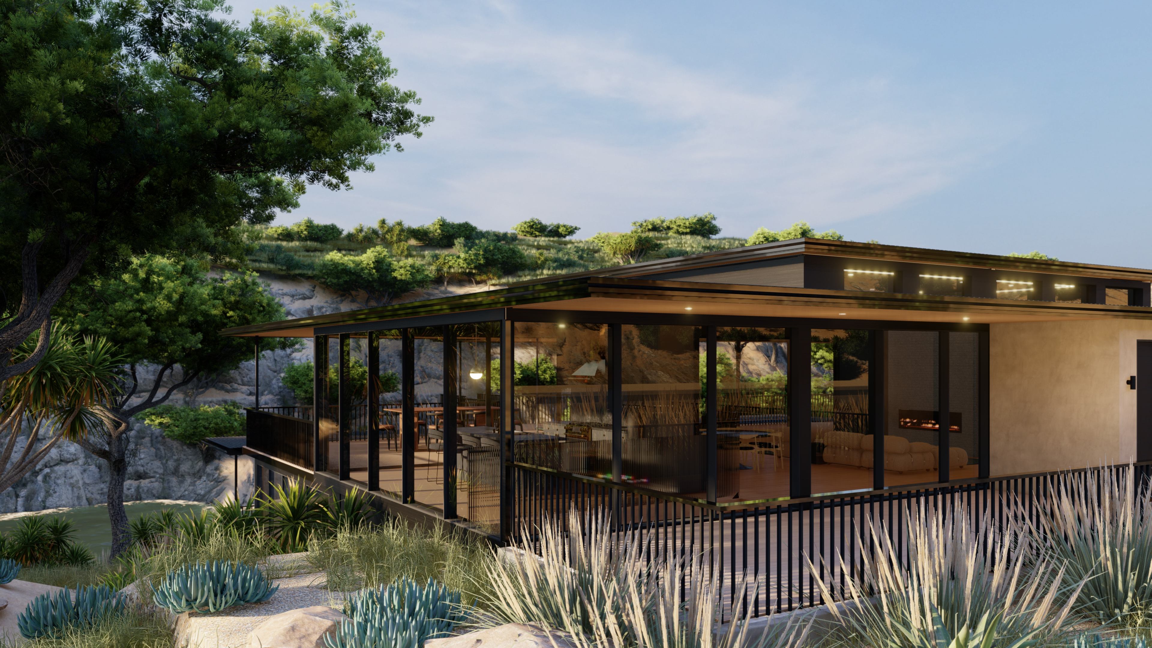 Big Sur Vacation Home concept design by InCollab Designs - modern hillside home with floor-to-ceiling glass walls and flat overhanging roof