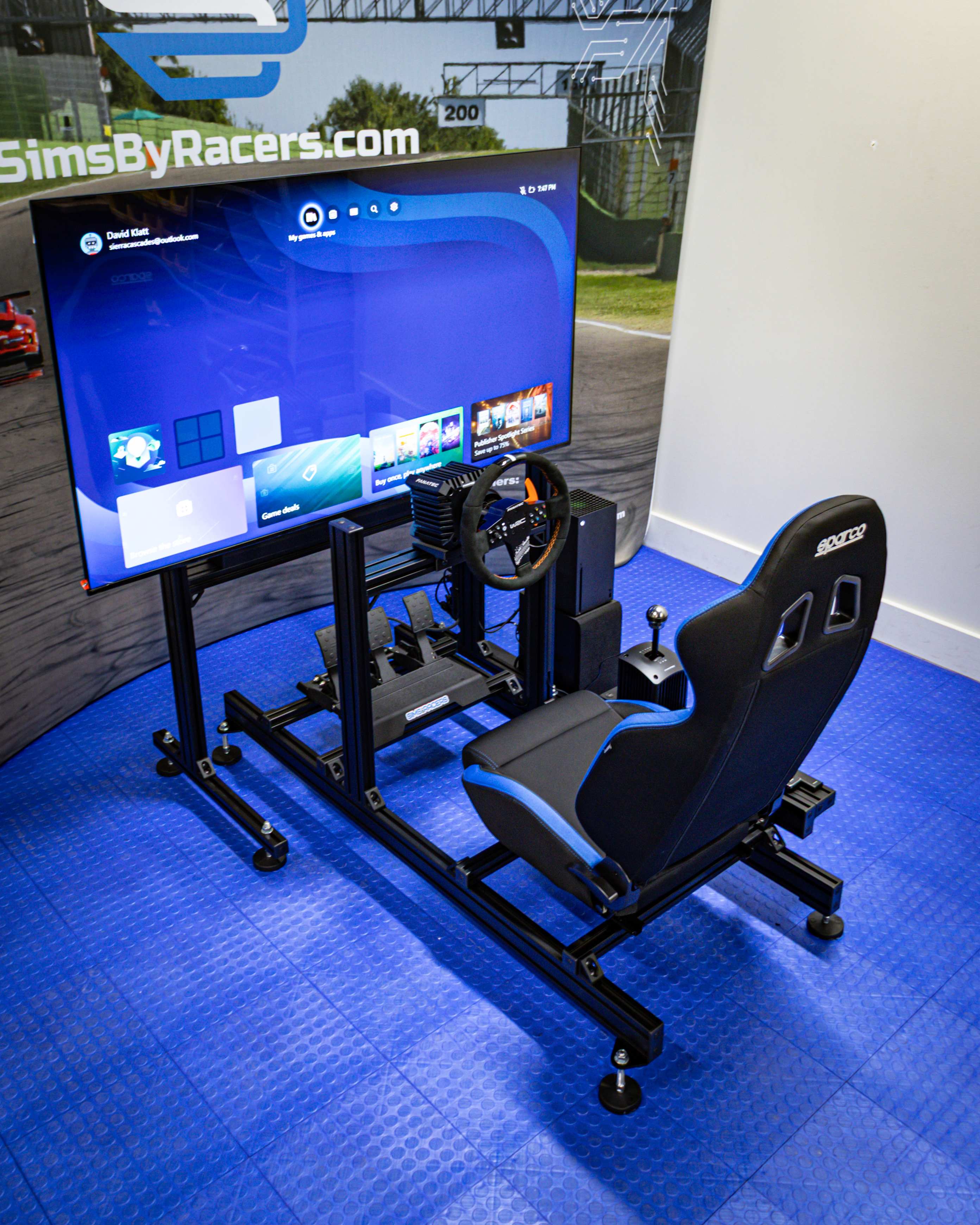 SBR 44 Console Sim Rig with Sparco seat, Fanatec wheel and TV