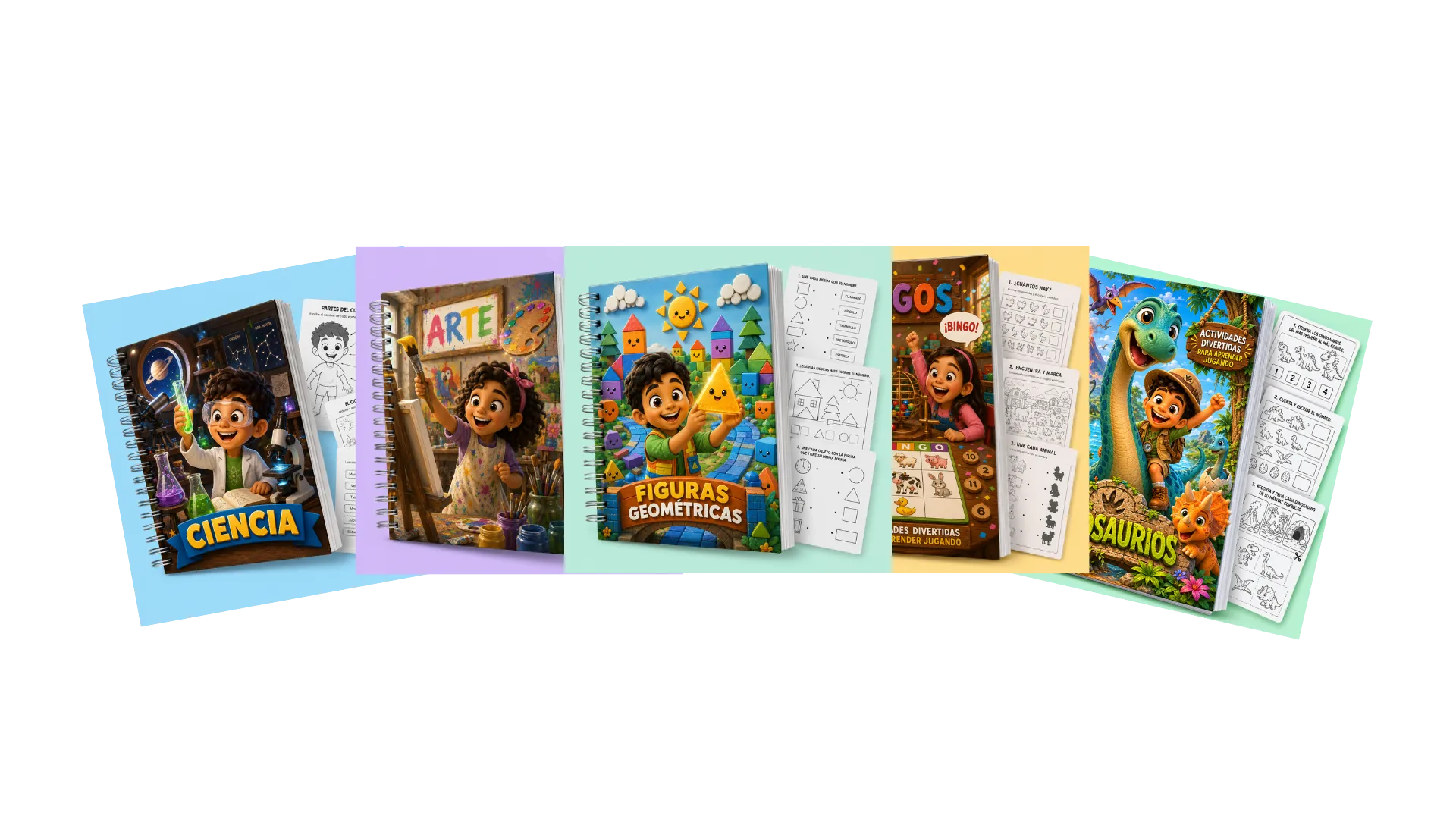 Los 5 bonos incluidos: Ciencias, Arte, Figuras Geométricas, Juegos y Dinosaurios