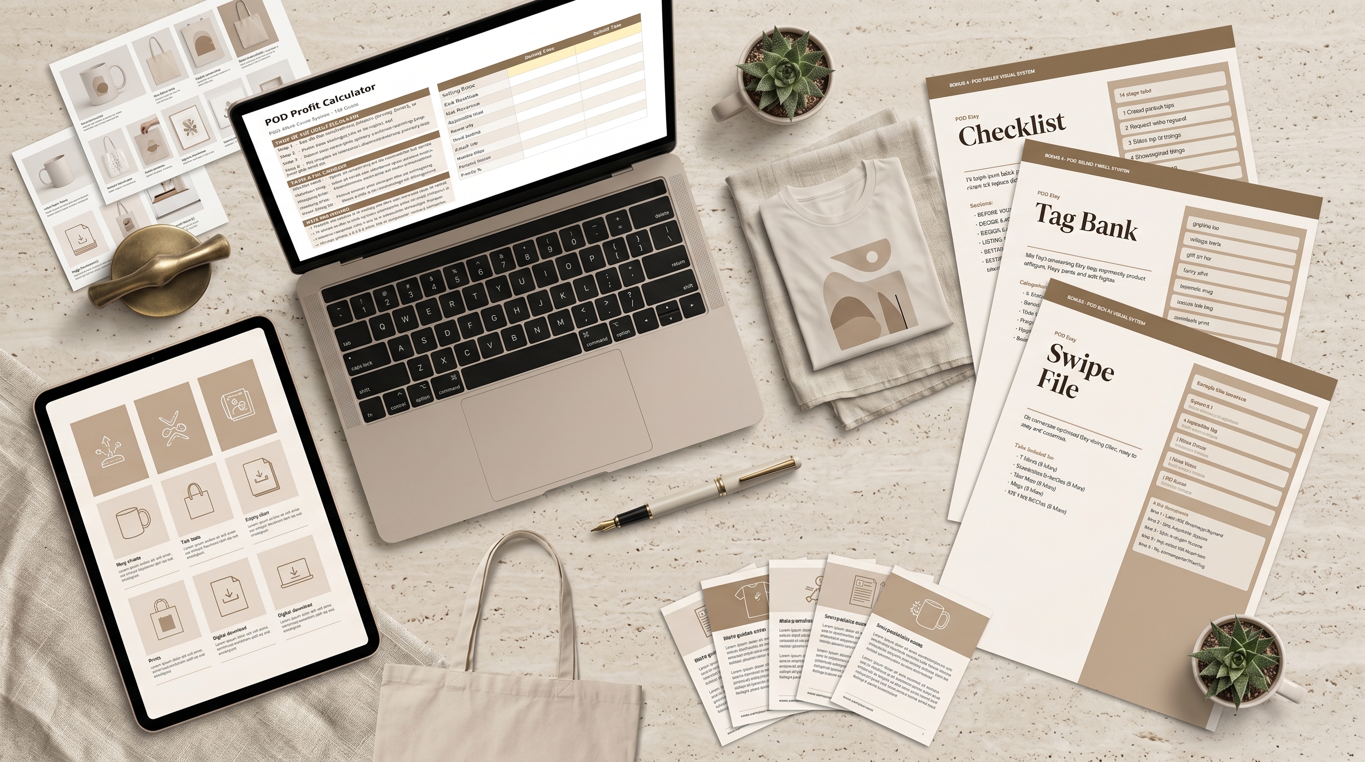POD Seller Visual System bonus resources - laptop with profit calculator, checklists, tag bank, swipe file, and mockup products arranged on desk
