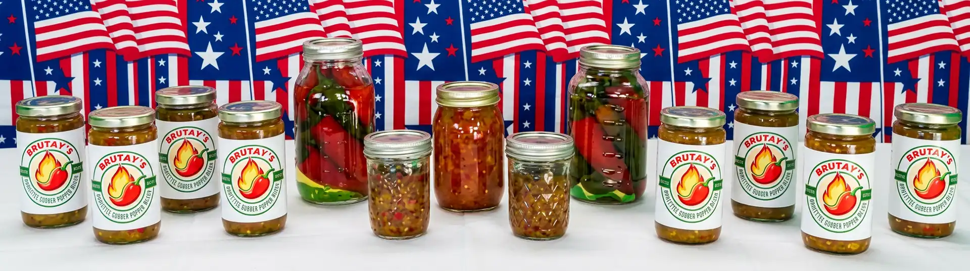 Brutay's Homestyle Garden Pepper Relish jars with American flag background