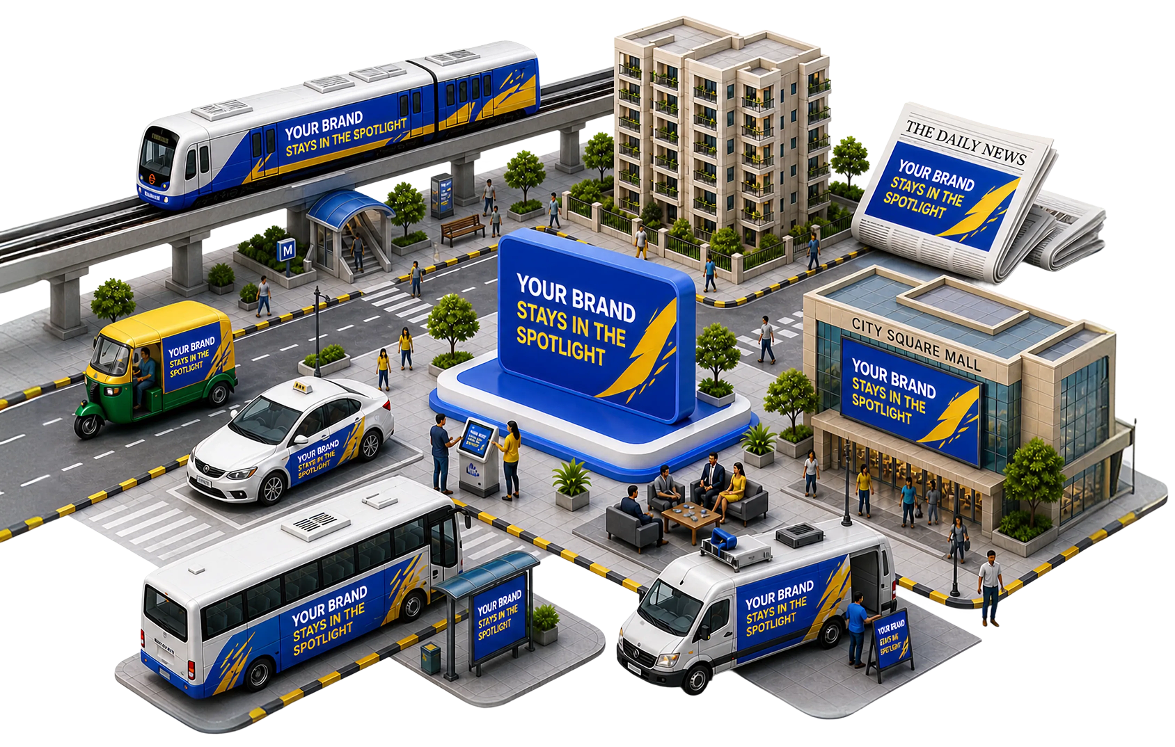Isometric cityscape showcasing non-traditional advertising formats including metro branding, bus wraps, cab advertising, auto-rickshaw branding, mall billboards, newspaper inserts, and digital kiosks
