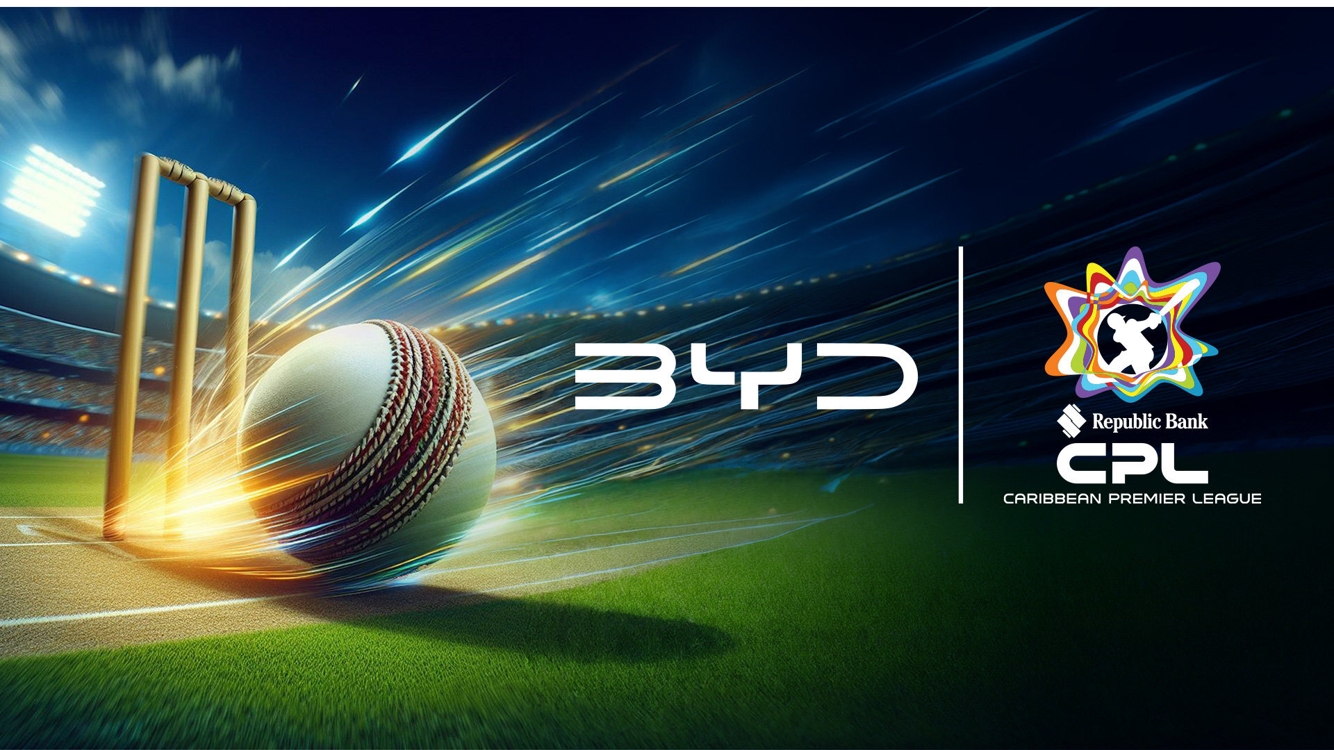A cricket ball striking the stumps under stadium floodlights, with the BYD, Republic Bank and CPL logos