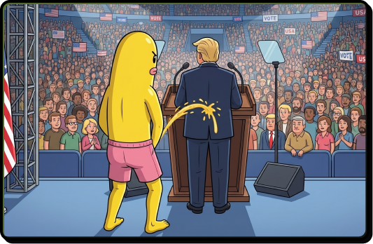 Pisser character at a political rally