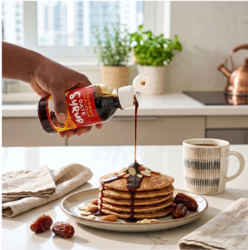 Hand pouring date syrup on pancakes