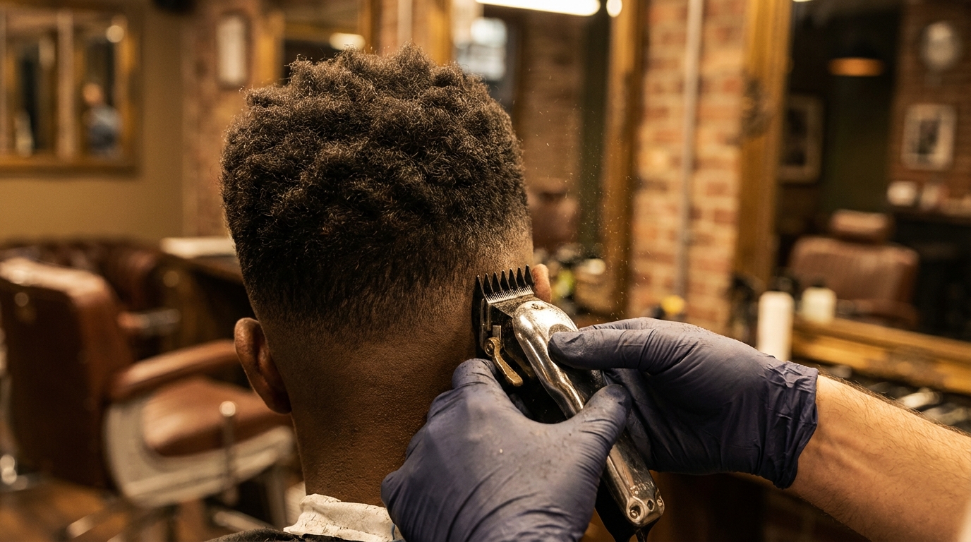 Barbero cortando cabello con maquina en barberia clasica