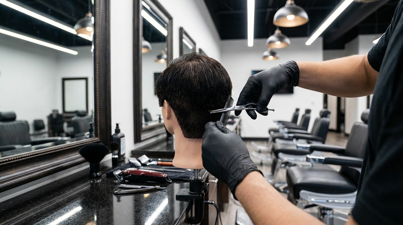 Salon de barberia profesional con estudiantes practicando