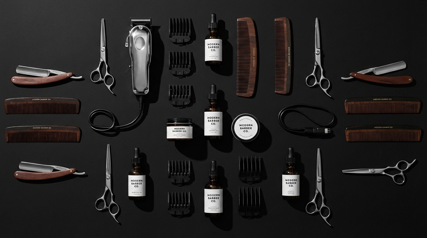 Herramientas profesionales de barberia sobre fondo negro