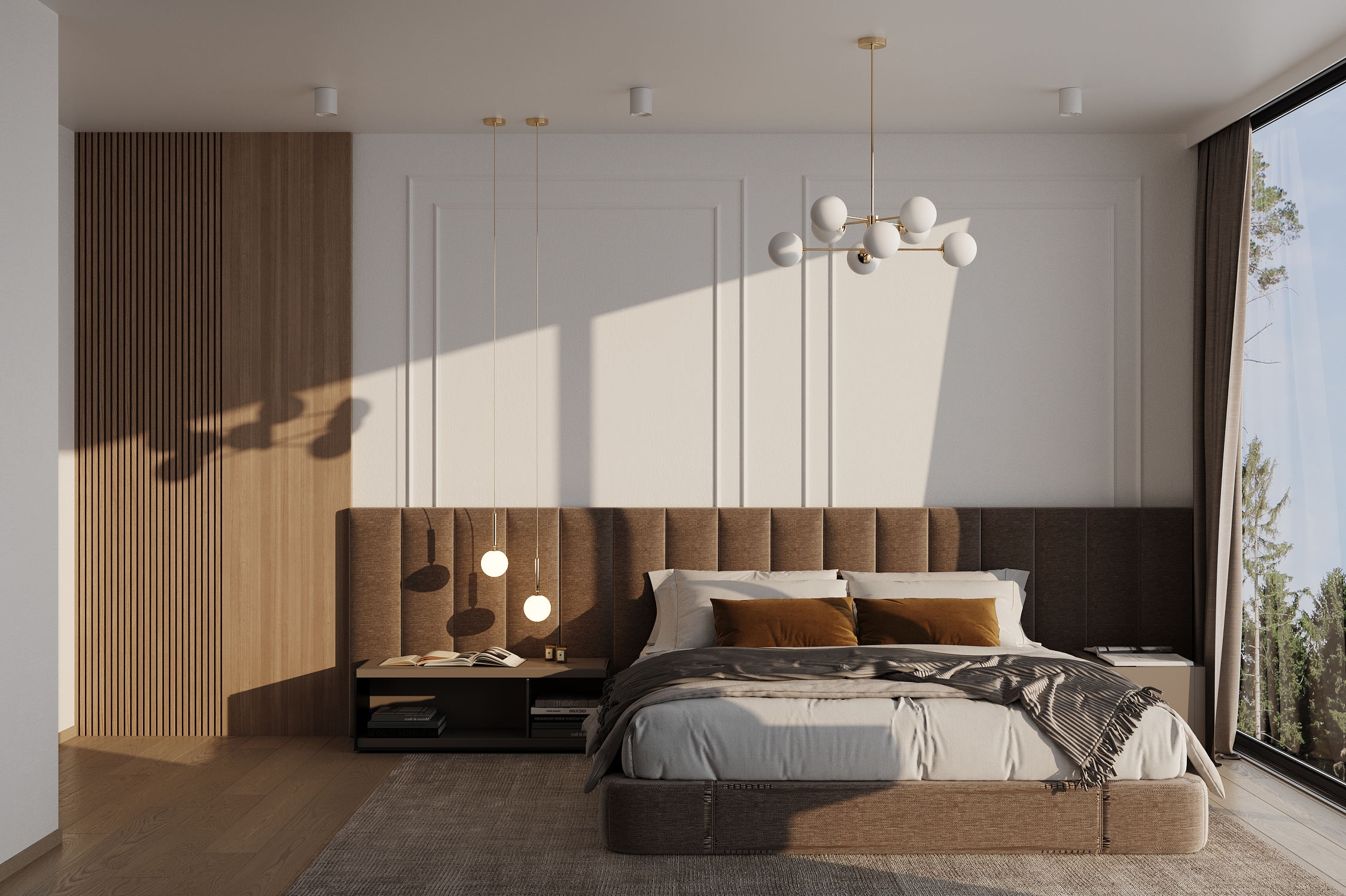 Modernes Schlafzimmer mit Holzvertäfelung und Designer-Beleuchtung