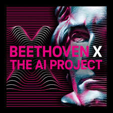 Beethoven X The AI Project promotional graphic showing Beethoven's face with pink digital wave patterns