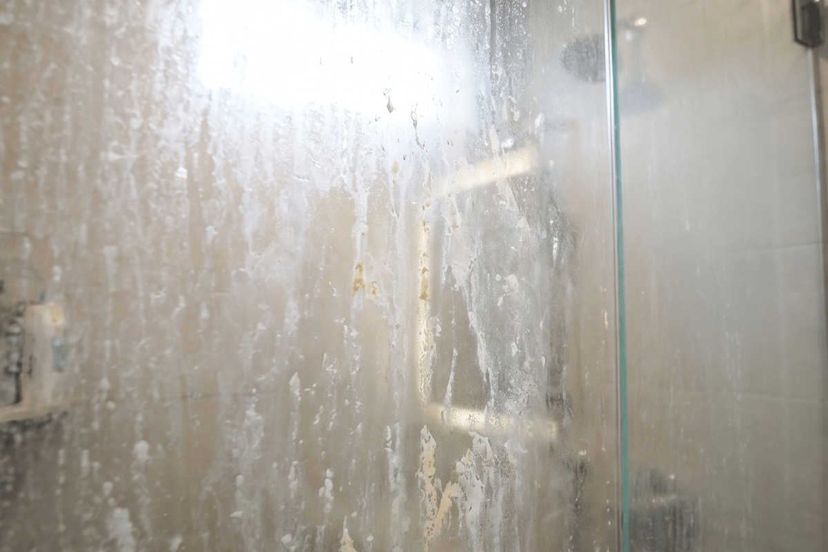 Before - Dirty shower glass with soap scum and limescale