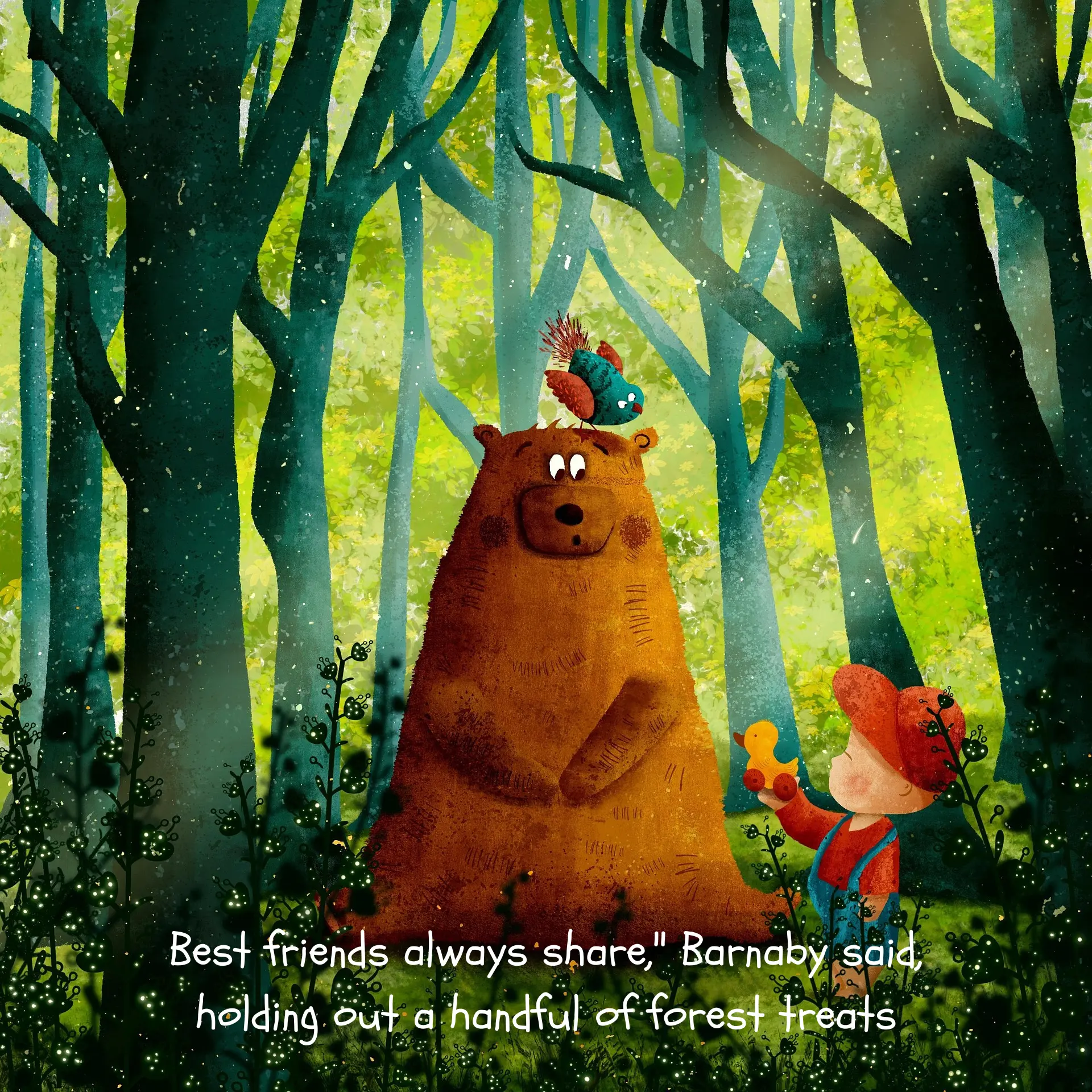 Children's book spread — bear and child in glowing forest with text overlay