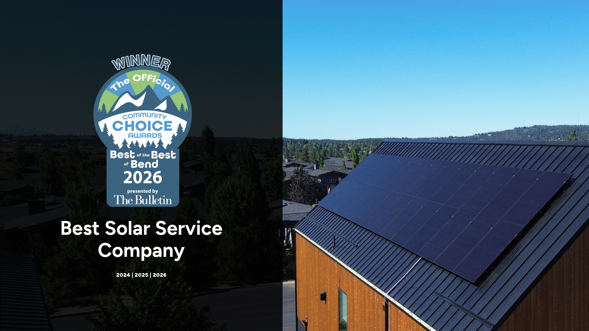National Solar's 2026 Best of Bend Community Choice award alongside a rooftop solar installation in Bend.