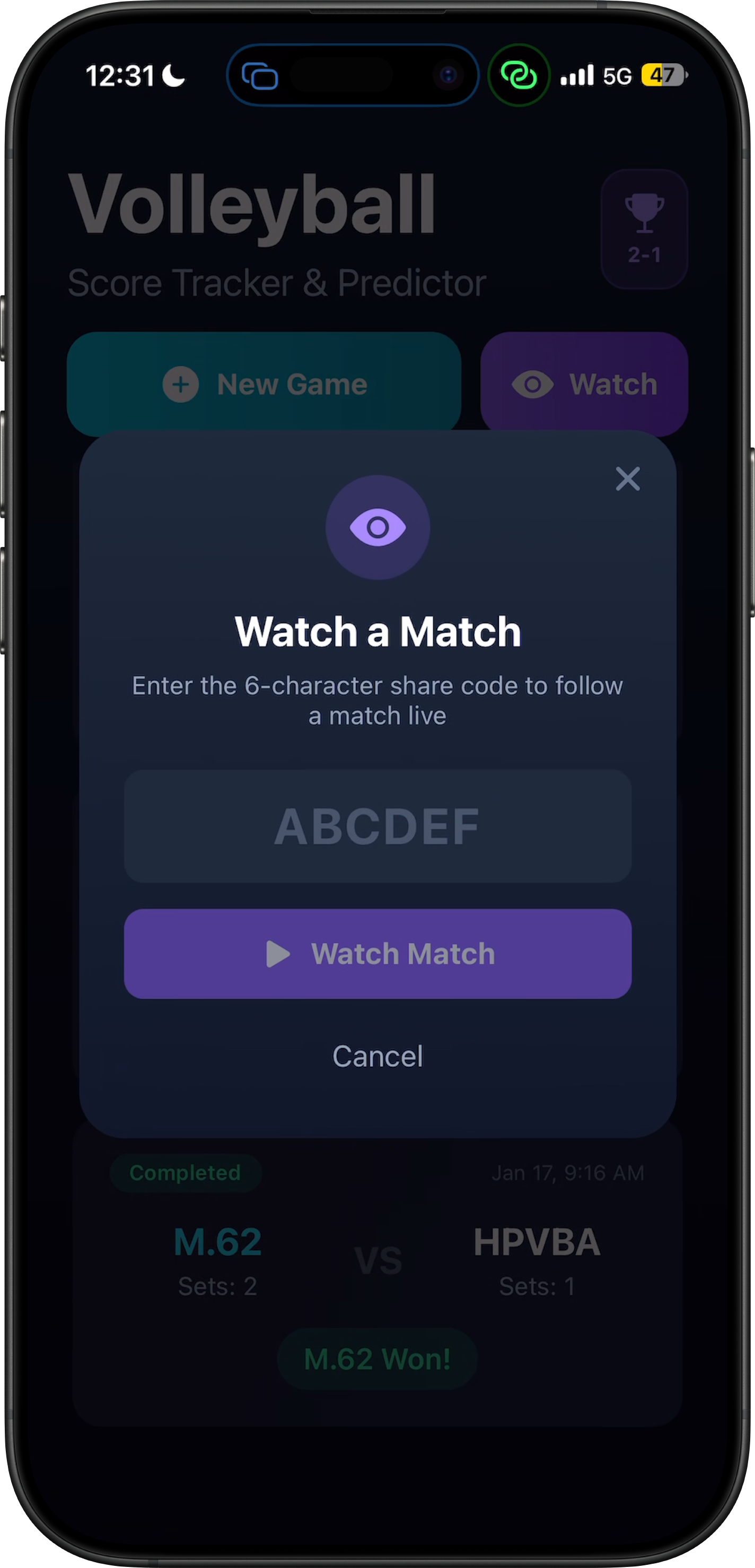 Volleyball Score Tracker home screen showing Watch a Match modal
