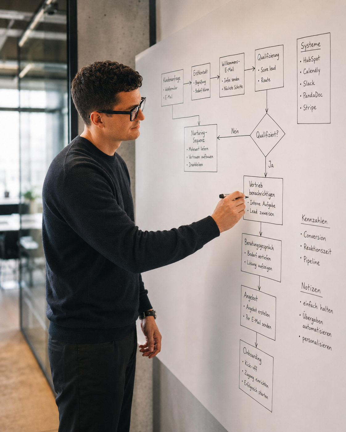 Paul Alberts erklärt einen Workflow am Whiteboard
