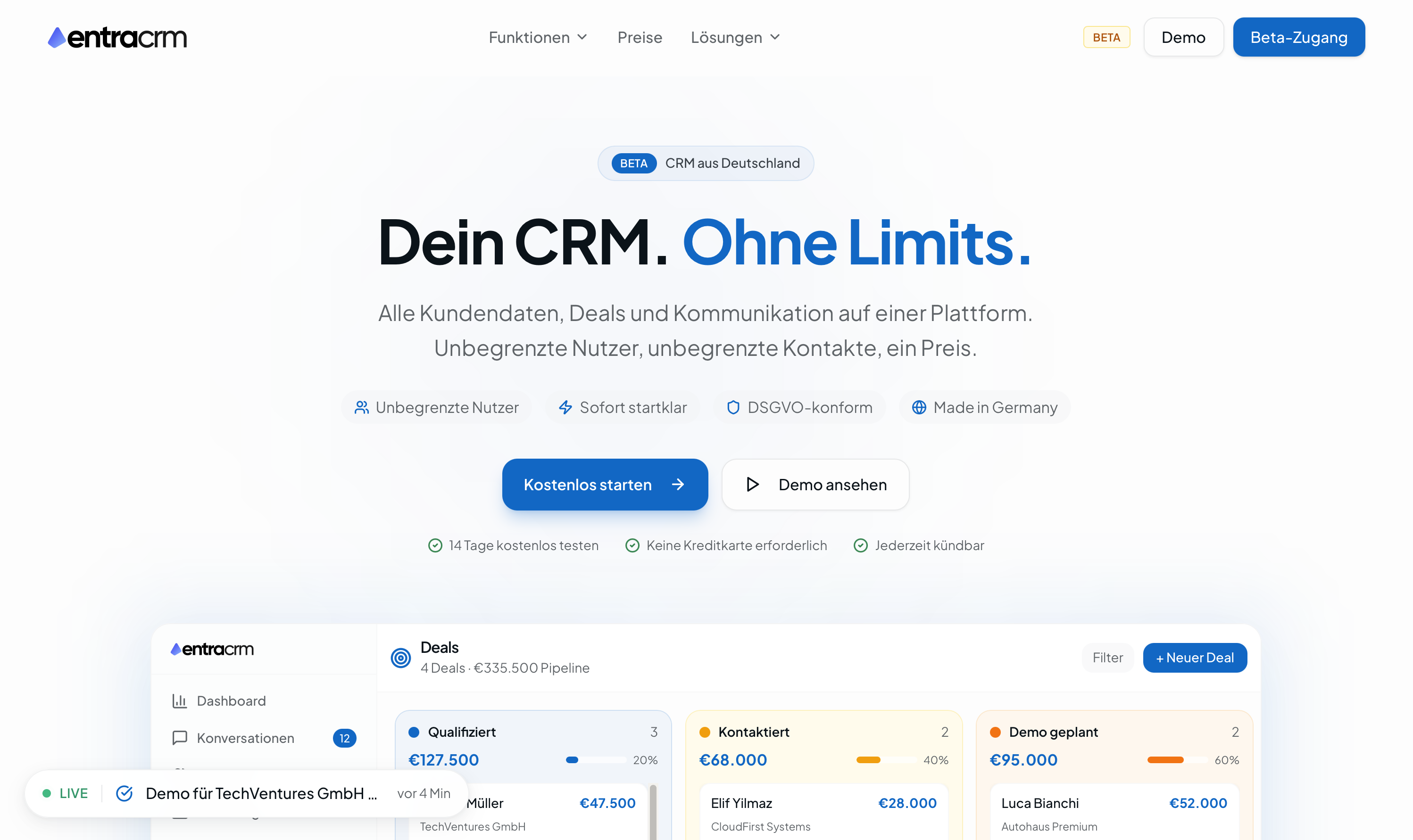 Website entraCRM - CRM-Software