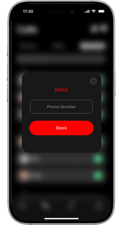 Block popup with a Phone Number input field and a red Block confirm button