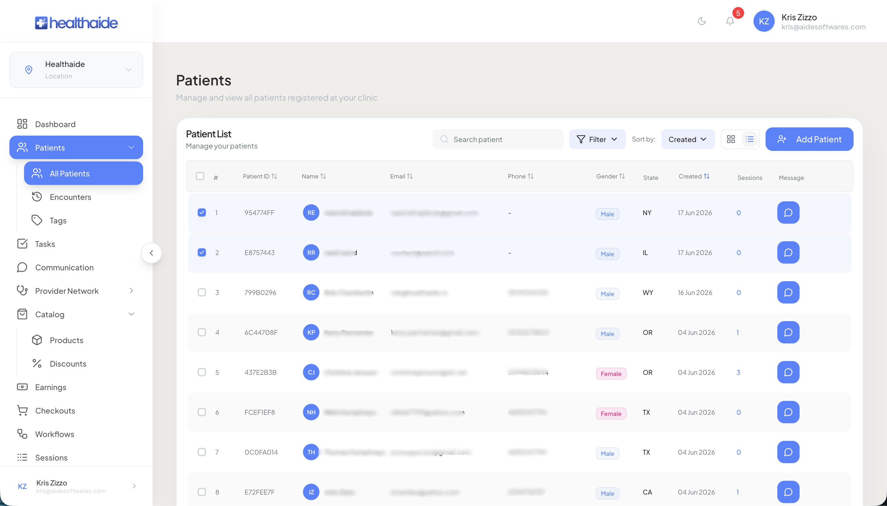 Patients list showing a table of patients with blurred PII — ID, name, email, phone, gender, state, and created date