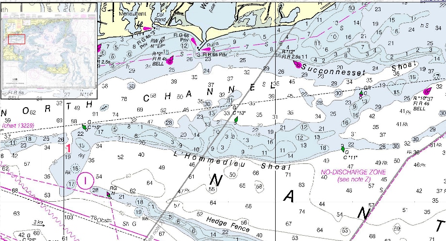 Modern nautical chart of the waters between Falmouth and Martha's Vineyard. A long shaded sandbar labeled L'Hommedieu Shoal runs east to west across the middle, with soundings as low as 3 feet, green buoys C 5, C 13 and C 11 along it, Hedge Fence to the south and Succonnesset Shoal to the north along the Falmouth shore. An inset map of Cape Cod and the islands marks the area with a red box.