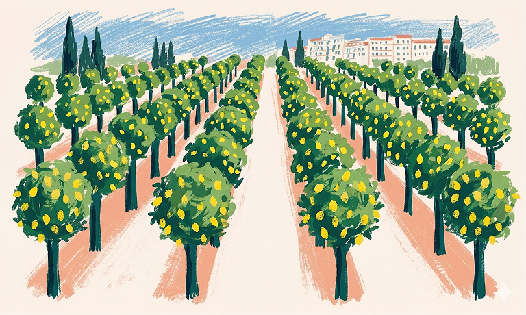 Watercolor illustration of a lemon orchard with rows of citrus trees in perspective, cypress trees, and a Mediterranean villa in the background