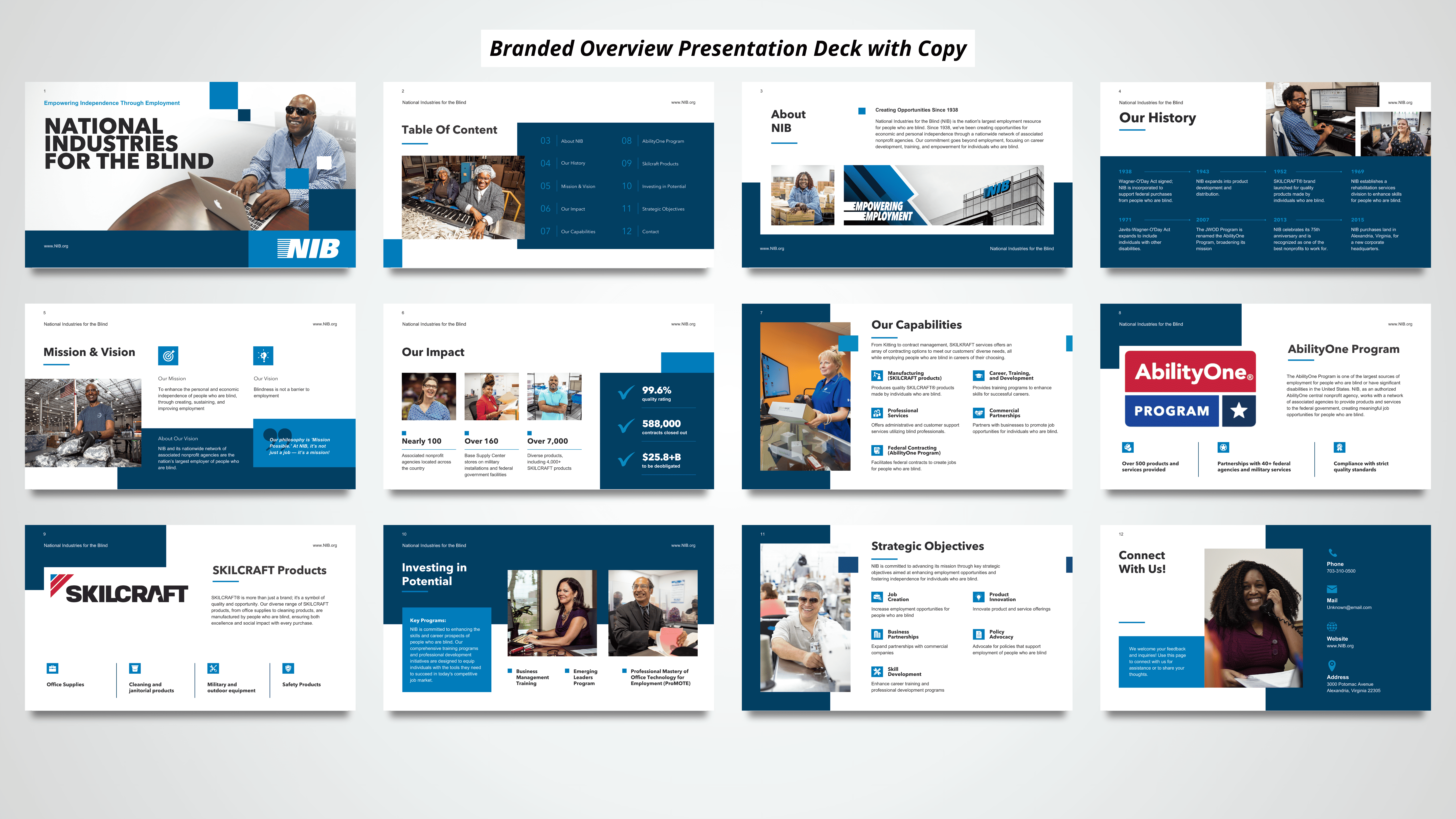 Branded 12-slide overview presentation deck covering NIB mission, history, impact, and capabilities