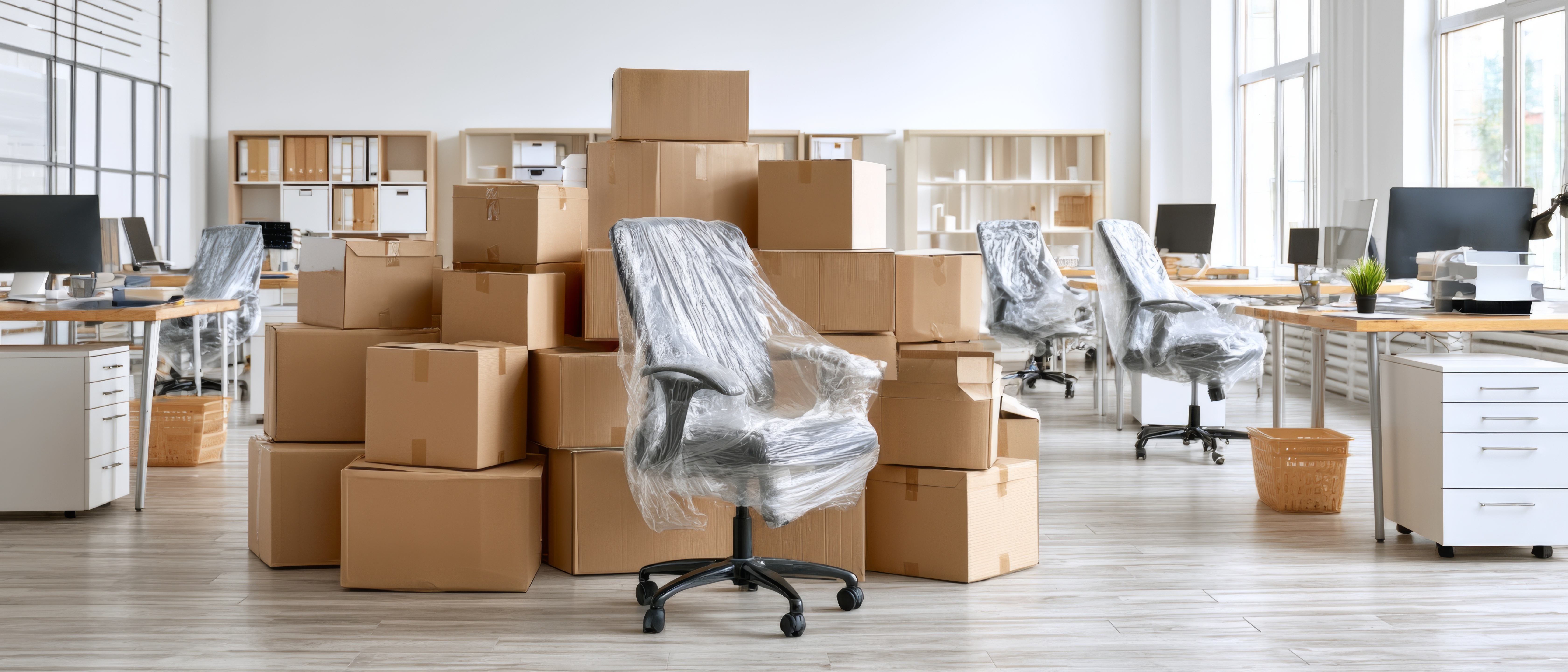 Helles Büro mit verpackten Stühlen und Umzugskartons