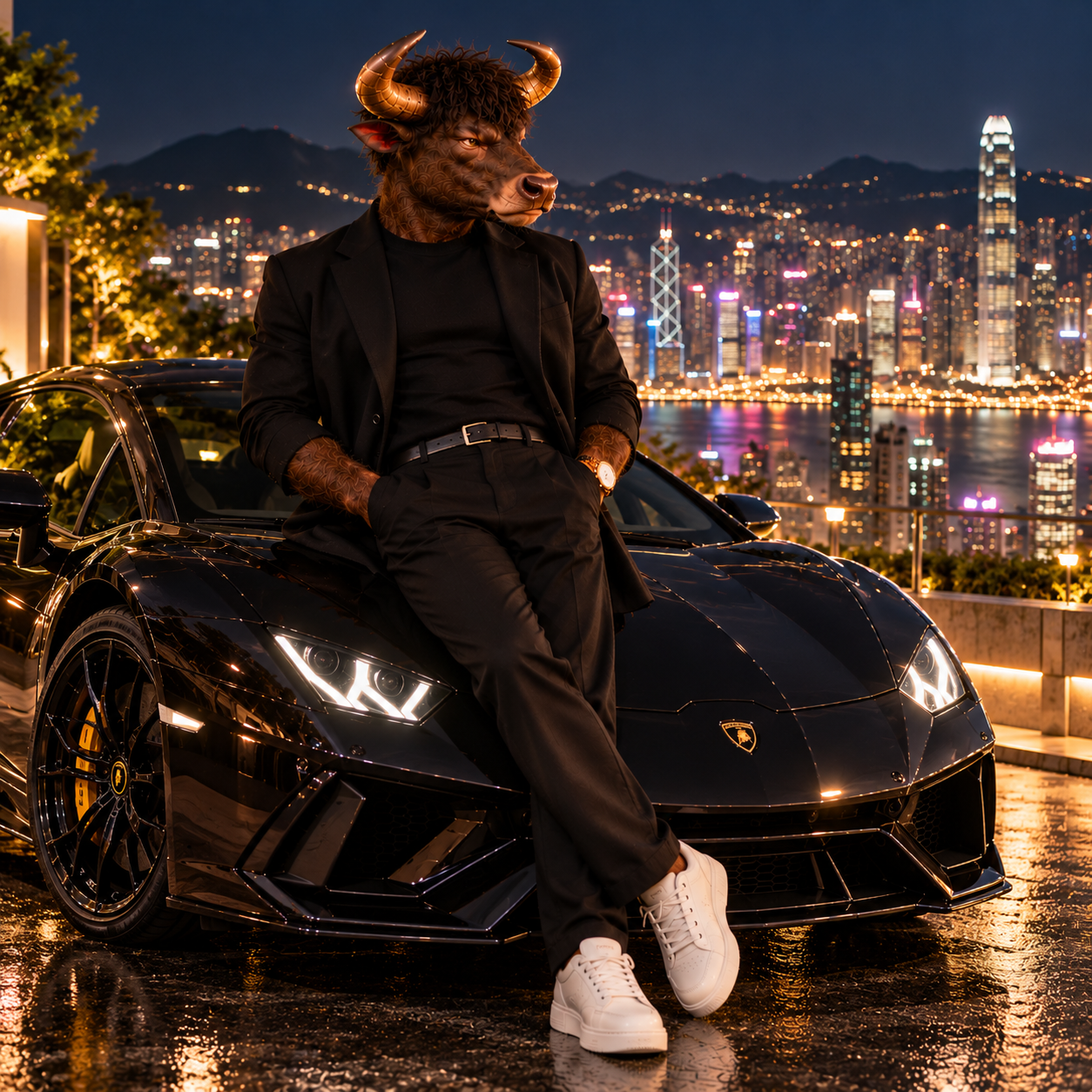 BULLCHI leaning against a black Lamborghini overlooking an illuminated city skyline at night
