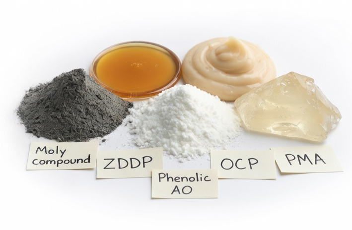 Common lubricant additives including Moly compound, ZDDP, Phenolic AO, OCP, and PMA showing the variety of additive chemistries