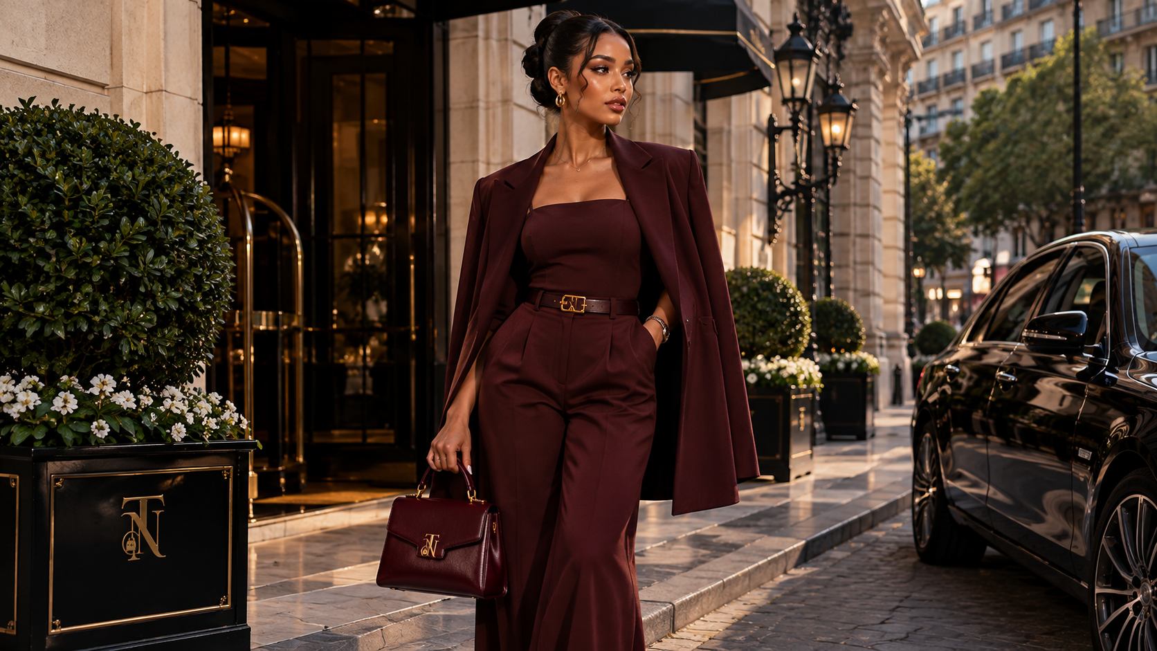 A structured burgundy handbag in a warm architectural setting