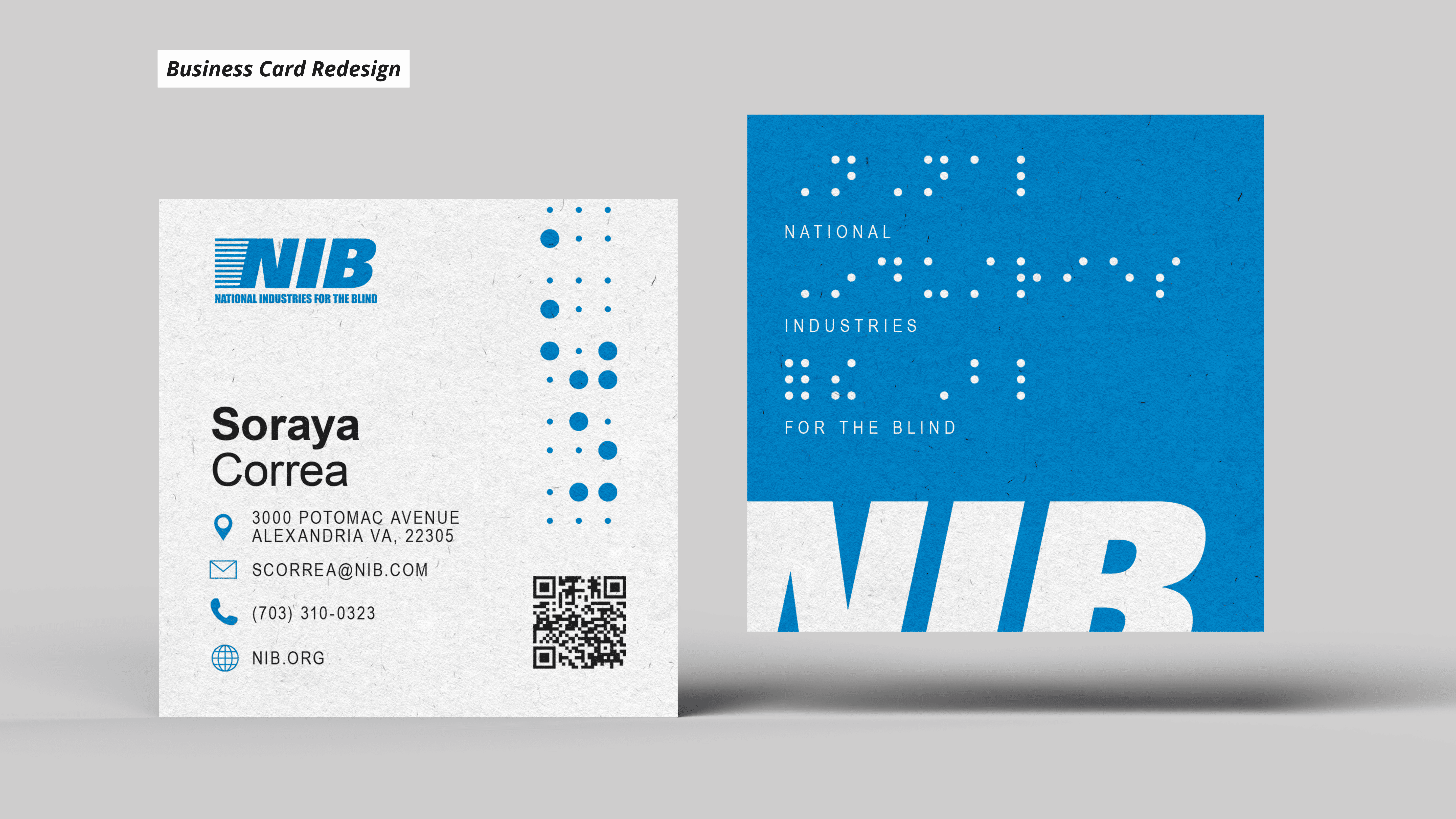NIB business card redesign with braille integration on the back and QR code