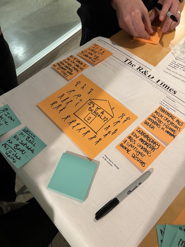 Close-up of participant hands placing orange sticky notes on R&D Times template