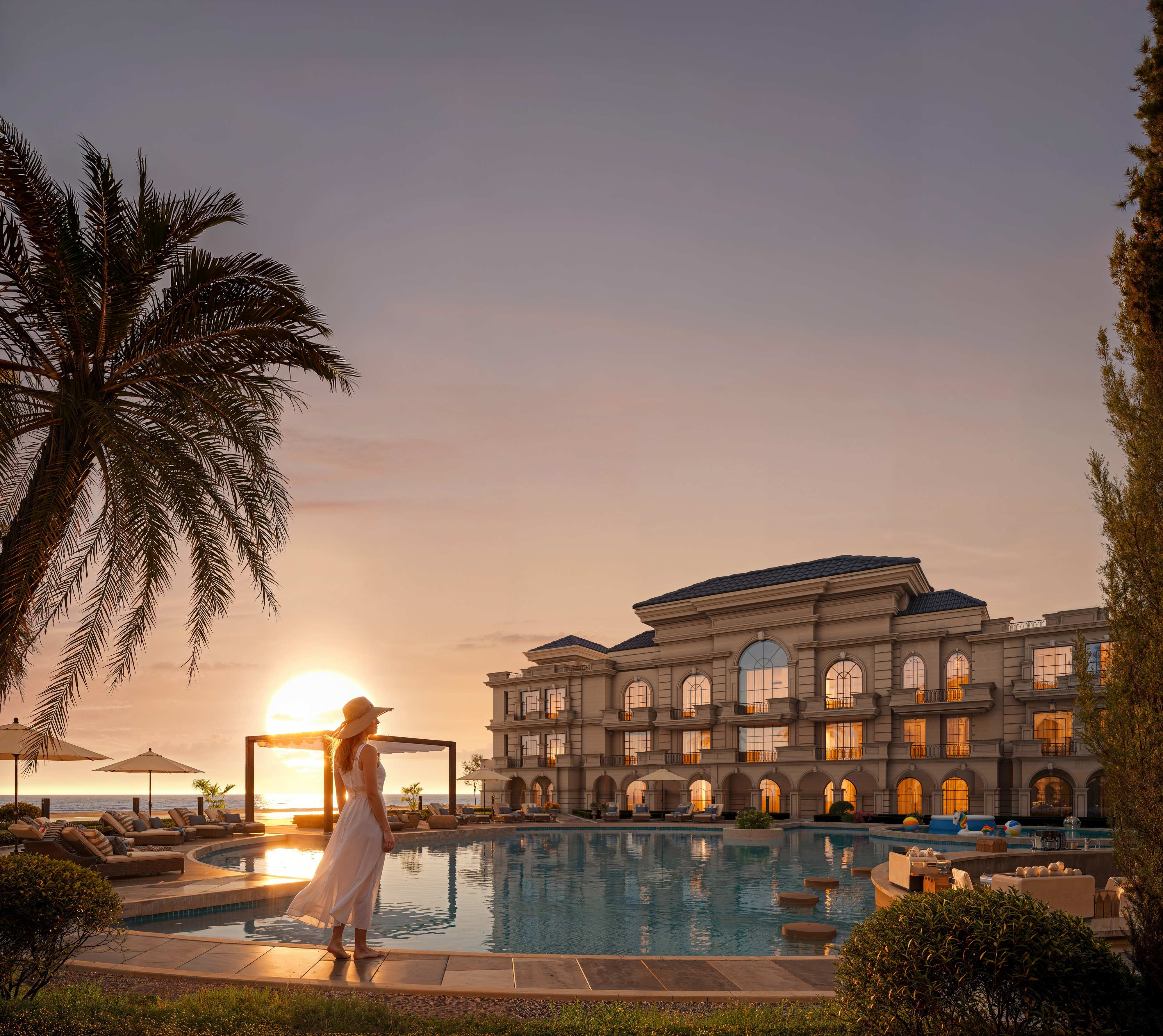 Golden sunset view by the pool