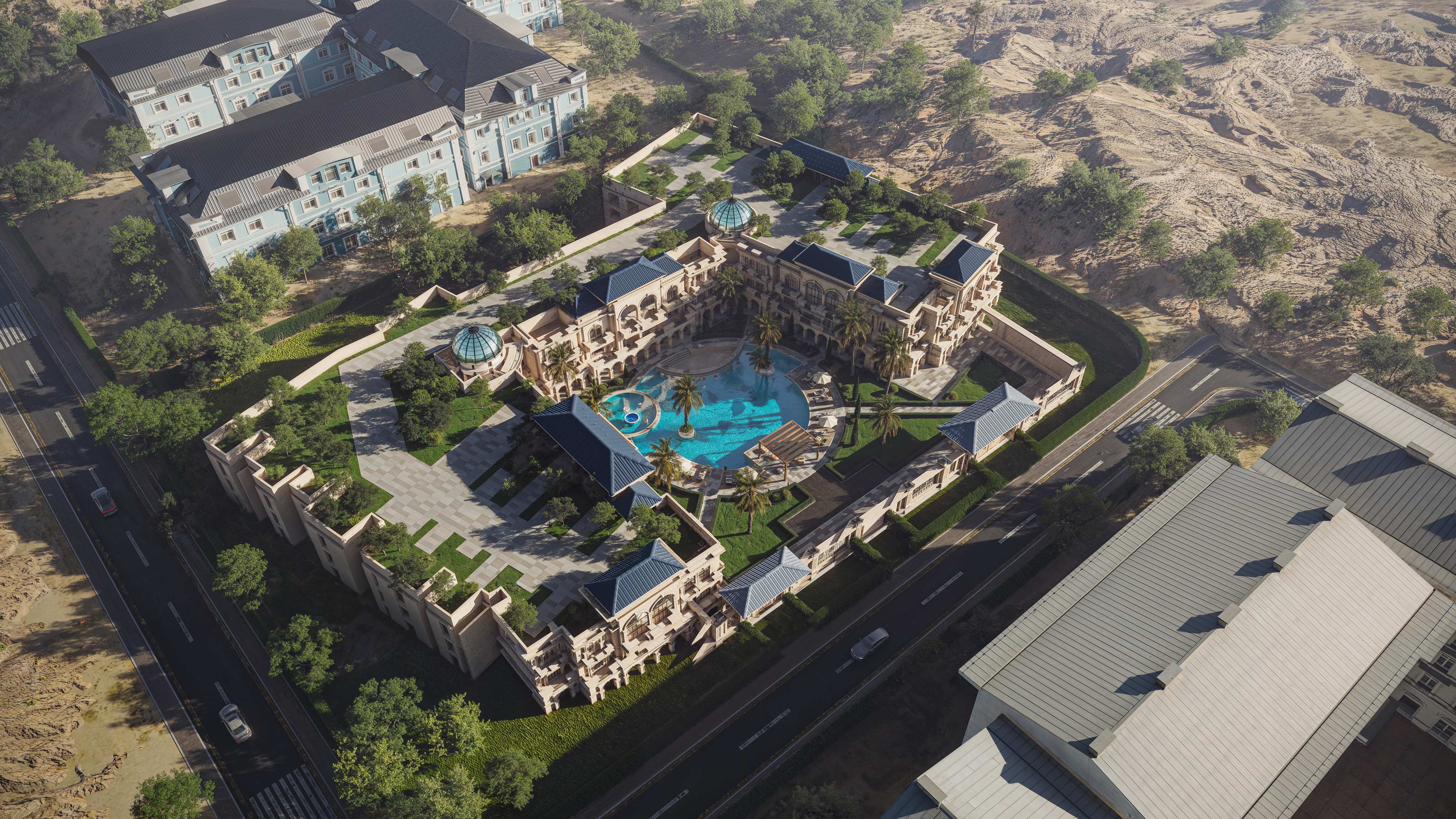Aerial bird's eye view of Aurora Palace royal residence