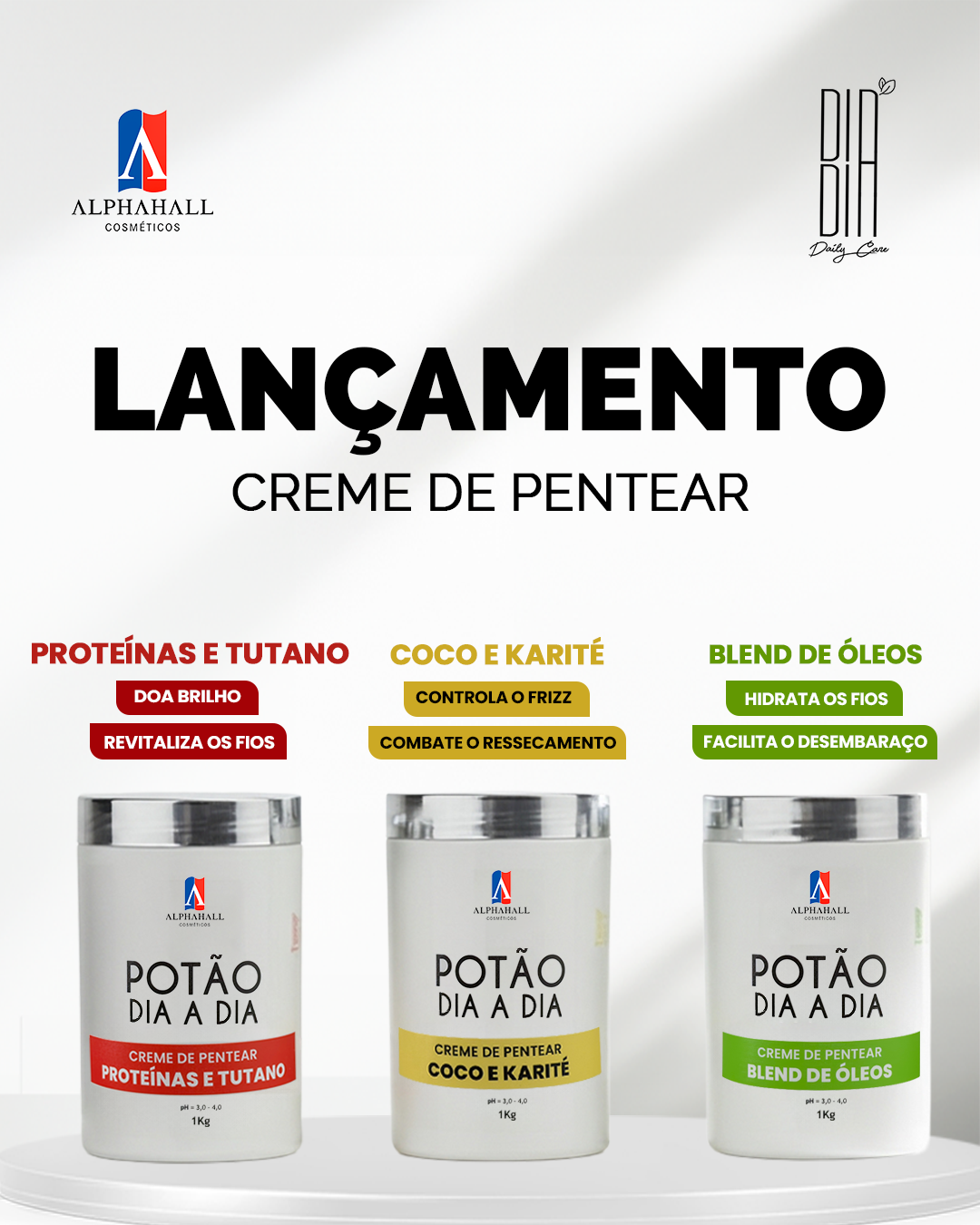 Potões Alphahall - Linha completa de cremes de pentear profissionais