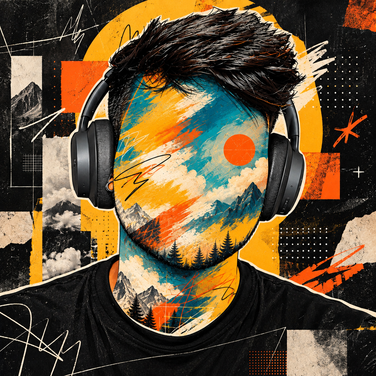Abstract illustrated portrait of 0xPandya wearing headphones