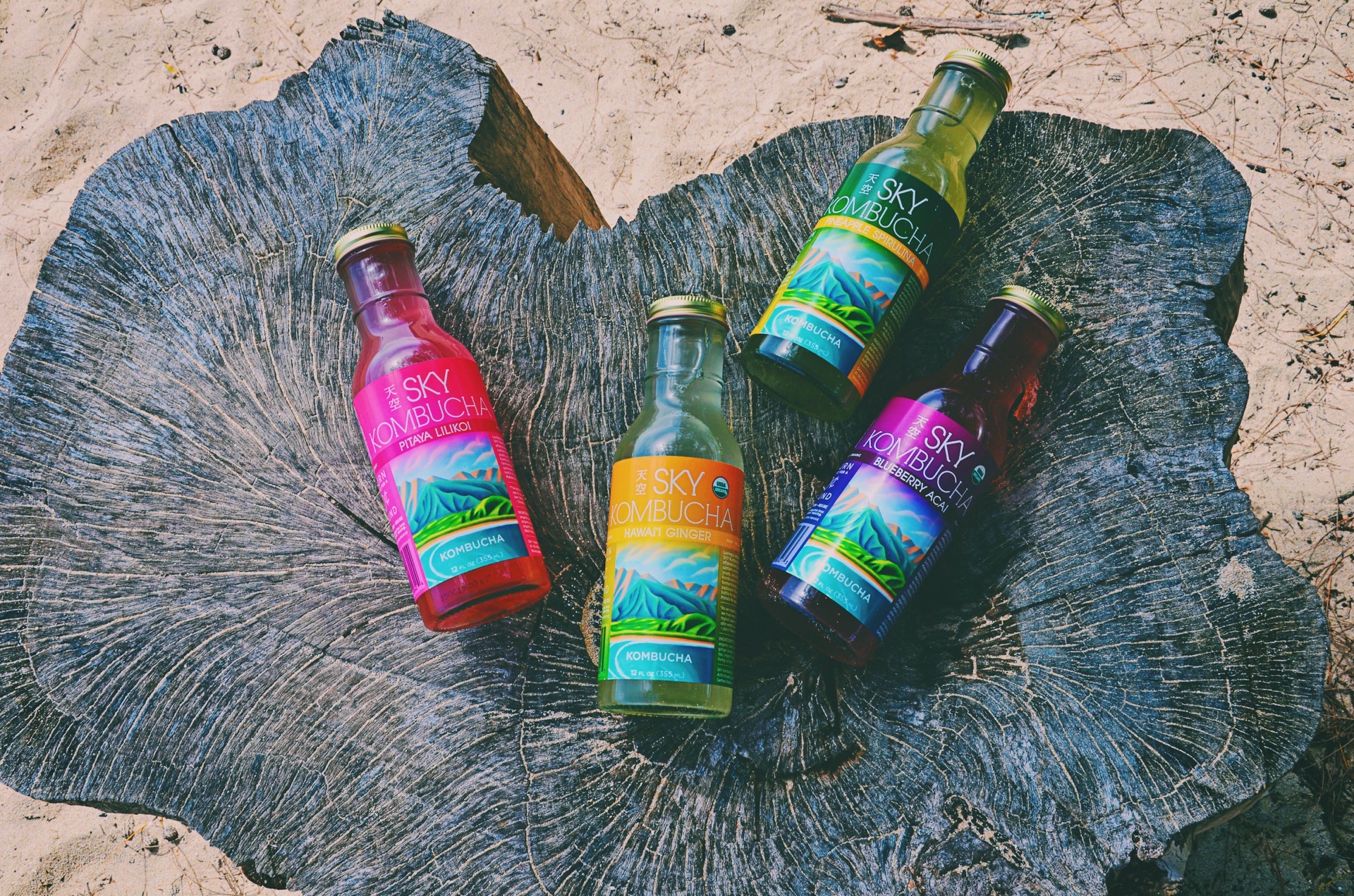 SKY Kombucha bottles on tree stump
